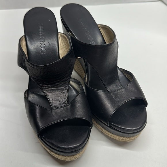 Jimmy Choo Pledge Espadrille Wedges Open Toe Shoes Leather Black Size 40 US 10 - Picture 3 of 13